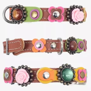 All sides of vintage style cat collar pink rose with flowers and stones.