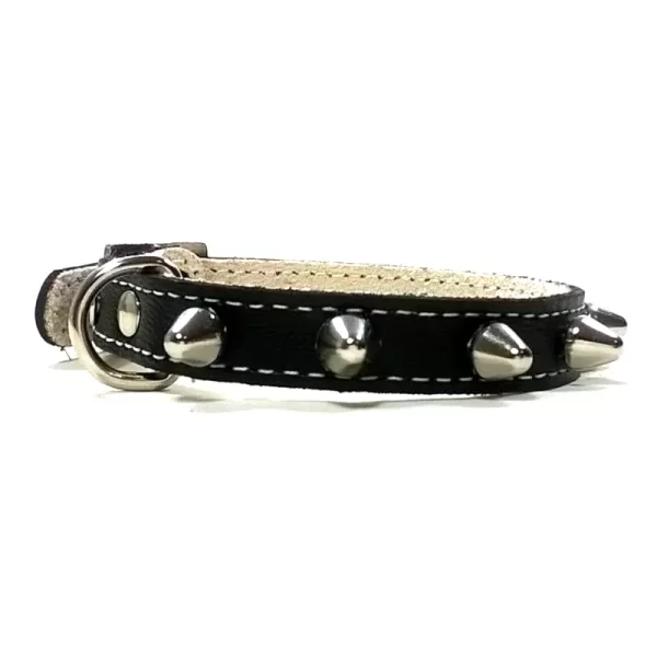 Frontside of punk spiked cat collar in black leather with D-ring.
