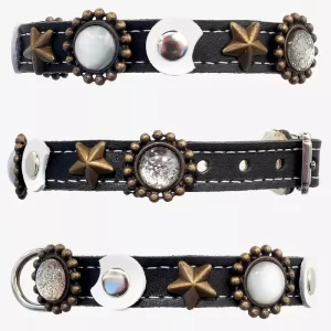 All sides of luxury leather cat collar with moon and stars, design moonlight.