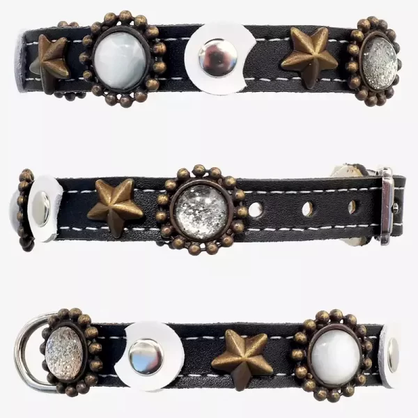 All sides of luxury leather cat collar with moon and stars, design moonlight.