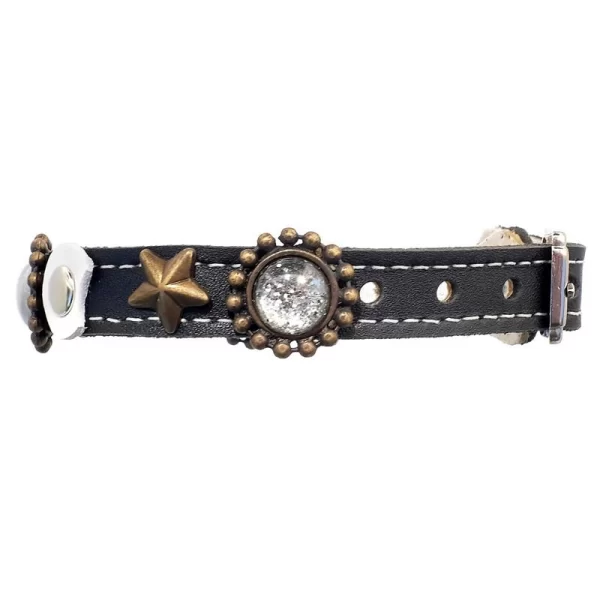 Elastic safety breakaway clasp side of luxury leather cat collar with moon and stars, design moonlight.