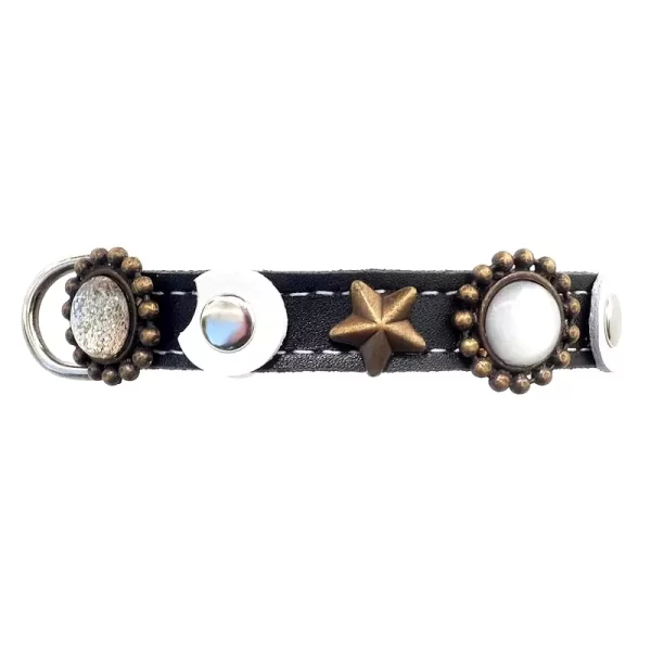 Lateral side of luxury leather cat collar with moon and stars, design moonlight.