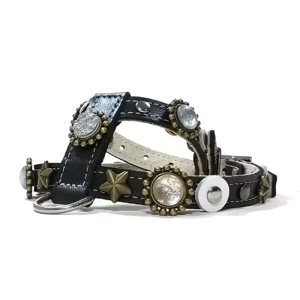 Right side of luxury black leather dog harness moon and stars, design Moonlight.