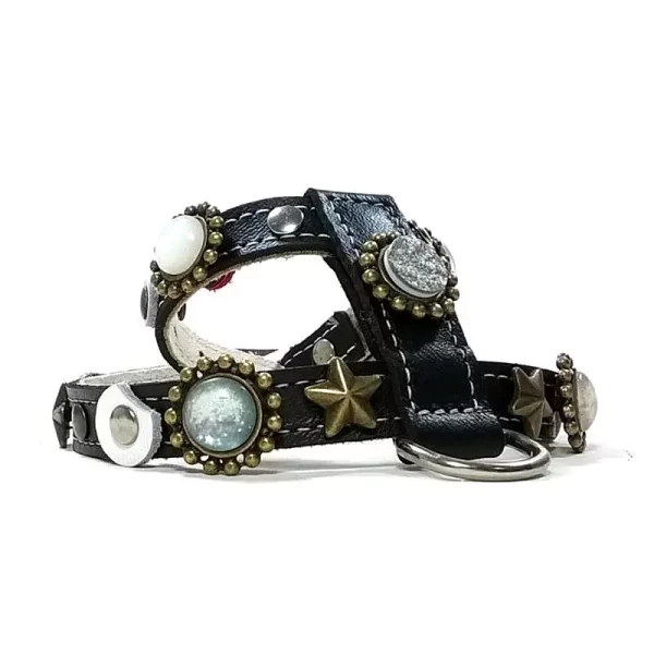 Left side of luxury black leather dog harness moon and stars, design Moonlight.