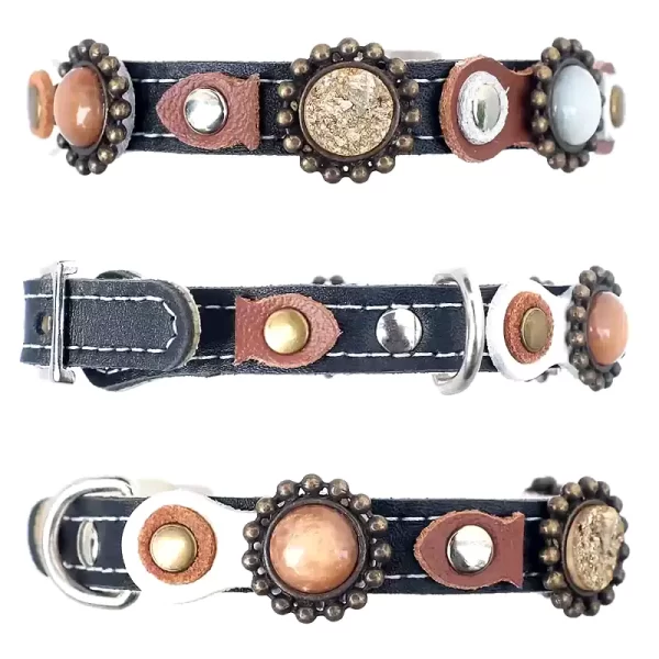 All sides of this luxury leather cat collar with elastic safety buckle in stylish natural colours. The name of this designer cat collar is Autumn.