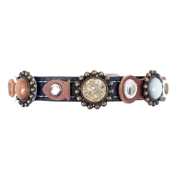Topside of this Autumn design luxury leather cat collar with elastic safety clasp in stylish natural colours.