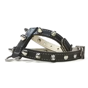 Frontside of studded punk spiked black leather dog harness.