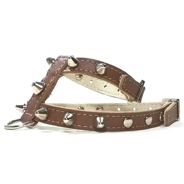 Frontside of studded punk spiked brown leather dog harness.